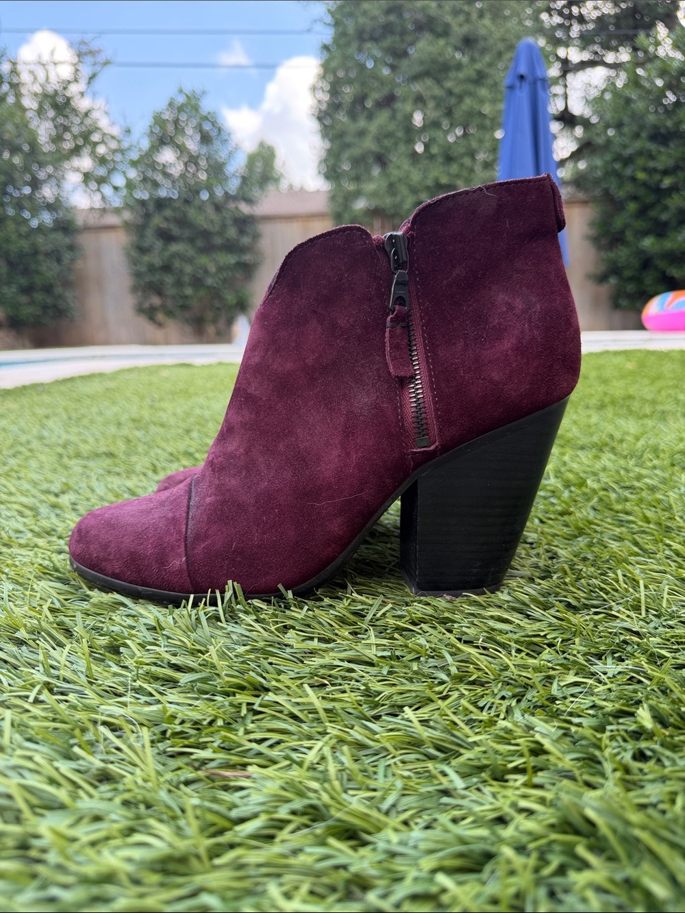 rag & bone Burgundy Suede Ankle Bootie with Block Heel